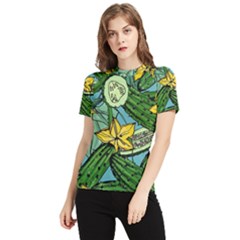 Seamless-pattern-with-cucumber-slice-flower-colorful-hand-drawn-background-with-vegetables-wallpaper Women s Short Sleeve Rash Guard by uniart180623