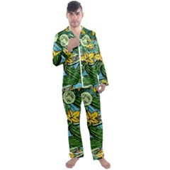 Seamless-pattern-with-cucumber-slice-flower-colorful-hand-drawn-background-with-vegetables-wallpaper Men s Long Sleeve Satin Pajamas Set by uniart180623