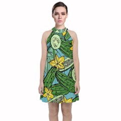 Seamless-pattern-with-cucumber-slice-flower-colorful-hand-drawn-background-with-vegetables-wallpaper Velvet Halter Neckline Dress  by uniart180623