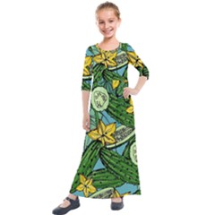 Seamless-pattern-with-cucumber-slice-flower-colorful-hand-drawn-background-with-vegetables-wallpaper Kids  Quarter Sleeve Maxi Dress by uniart180623