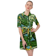 Seamless-pattern-with-cucumber-slice-flower-colorful-hand-drawn-background-with-vegetables-wallpaper Belted Shirt Dress by uniart180623