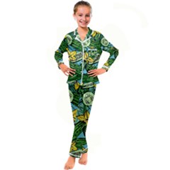 Seamless-pattern-with-cucumber-slice-flower-colorful-hand-drawn-background-with-vegetables-wallpaper Kids  Satin Long Sleeve Pajamas Set by uniart180623