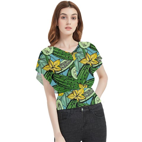 Seamless-pattern-with-cucumber-slice-flower-colorful-hand-drawn-background-with-vegetables-wallpaper Butterfly Chiffon Blouse by uniart180623