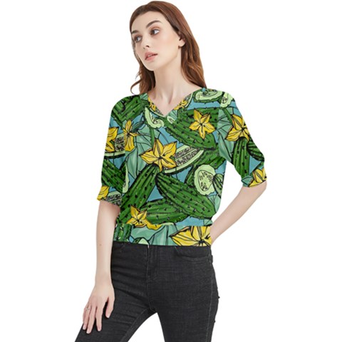 Seamless-pattern-with-cucumber-slice-flower-colorful-hand-drawn-background-with-vegetables-wallpaper Quarter Sleeve Blouse by uniart180623