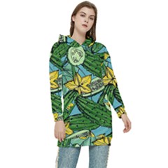 Seamless-pattern-with-cucumber-slice-flower-colorful-hand-drawn-background-with-vegetables-wallpaper Women s Long Oversized Pullover Hoodie by uniart180623