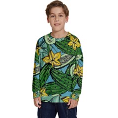 Seamless-pattern-with-cucumber-slice-flower-colorful-hand-drawn-background-with-vegetables-wallpaper Kids  Long Sleeve Jersey by uniart180623