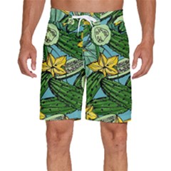 Seamless-pattern-with-cucumber-slice-flower-colorful-hand-drawn-background-with-vegetables-wallpaper Men s Beach Shorts by uniart180623