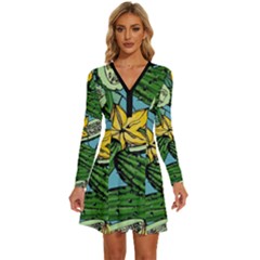 Seamless-pattern-with-cucumber-slice-flower-colorful-hand-drawn-background-with-vegetables-wallpaper Long Sleeve Deep V Mini Dress  by uniart180623