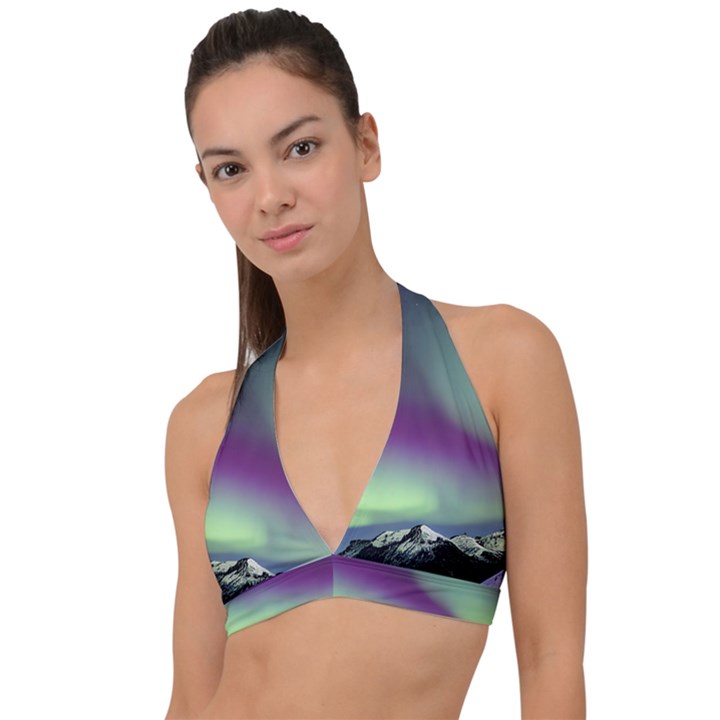 Aurora Stars Sky Mountains Snow Aurora Borealis Halter Plunge Bikini Top