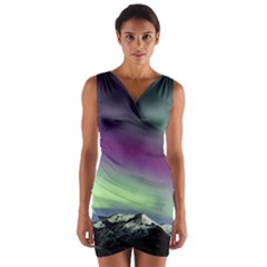 Aurora Stars Sky Mountains Snow Aurora Borealis Wrap Front Bodycon Dress by uniart180623