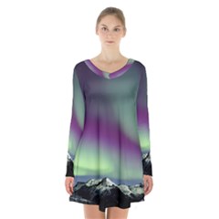 Aurora Stars Sky Mountains Snow Aurora Borealis Long Sleeve Velvet V-neck Dress by uniart180623