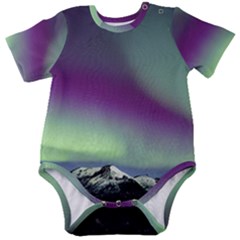 Aurora Stars Sky Mountains Snow Aurora Borealis Baby Short Sleeve Bodysuit by uniart180623