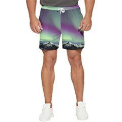 Aurora Stars Sky Mountains Snow Aurora Borealis Men s Runner Shorts by uniart180623