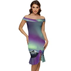 Aurora Stars Sky Mountains Snow Aurora Borealis Off Shoulder Ruffle Split Hem Bodycon Dress by uniart180623