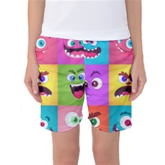 Monsters-emotions-scary-faces-masks-with-mouth-eyes-aliens-monsters-emoticon-set Women s Basketball Shorts by uniart180623