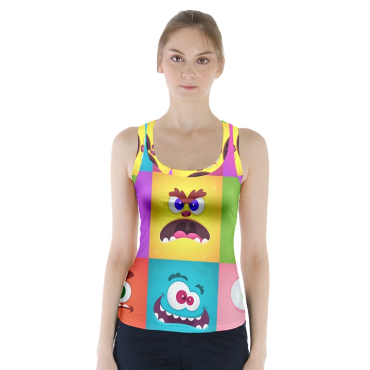 Monsters-emotions-scary-faces-masks-with-mouth-eyes-aliens-monsters-emoticon-set Racer Back Sports Top