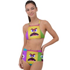 Monsters-emotions-scary-faces-masks-with-mouth-eyes-aliens-monsters-emoticon-set Halter Tankini Set by uniart180623