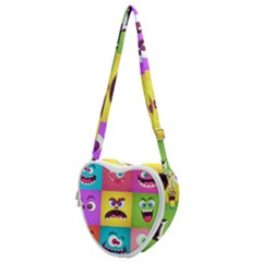 Monsters-emotions-scary-faces-masks-with-mouth-eyes-aliens-monsters-emoticon-set Heart Shoulder Bag by uniart180623