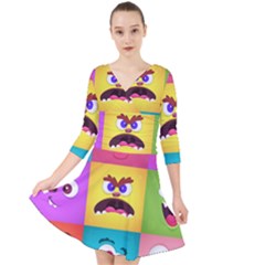 Monsters-emotions-scary-faces-masks-with-mouth-eyes-aliens-monsters-emoticon-set Quarter Sleeve Front Wrap Dress by uniart180623