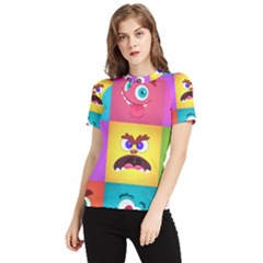 Monsters-emotions-scary-faces-masks-with-mouth-eyes-aliens-monsters-emoticon-set Women s Short Sleeve Rash Guard by uniart180623