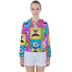 Monsters-emotions-scary-faces-masks-with-mouth-eyes-aliens-monsters-emoticon-set Women s Tie Up Sweat by uniart180623