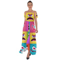 Monsters-emotions-scary-faces-masks-with-mouth-eyes-aliens-monsters-emoticon-set Off Shoulder Open Front Chiffon Dress by uniart180623