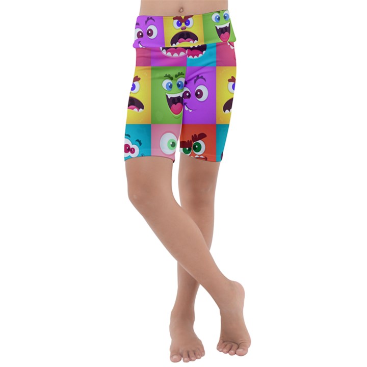 Monsters-emotions-scary-faces-masks-with-mouth-eyes-aliens-monsters-emoticon-set Kids  Lightweight Velour Cropped Yoga Leggings