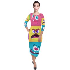 Monsters-emotions-scary-faces-masks-with-mouth-eyes-aliens-monsters-emoticon-set Quarter Sleeve Midi Velour Bodycon Dress by uniart180623