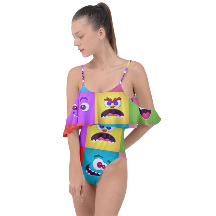 Monsters-emotions-scary-faces-masks-with-mouth-eyes-aliens-monsters-emoticon-set Drape Piece Swimsuit