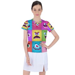 Monsters-emotions-scary-faces-masks-with-mouth-eyes-aliens-monsters-emoticon-set Women s Sports Top by uniart180623