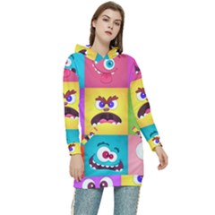 Monsters-emotions-scary-faces-masks-with-mouth-eyes-aliens-monsters-emoticon-set Women s Long Oversized Pullover Hoodie by uniart180623