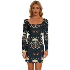 Floral-bugs-seamless-pattern Long Sleeve Square Neck Bodycon Velvet Dress by uniart180623