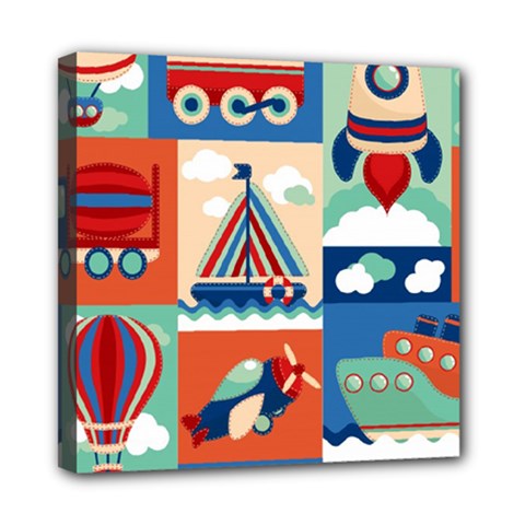 Toy-transport-cartoon-seamless-pattern-with-airplane-aerostat-sail-yacht-vector-illustration Mini Canvas 8  X 8  (stretched) by uniart180623