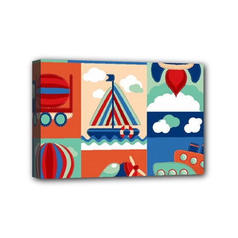 Toy-transport-cartoon-seamless-pattern-with-airplane-aerostat-sail-yacht-vector-illustration Mini Canvas 6  X 4  (stretched) by uniart180623