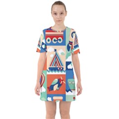 Toy-transport-cartoon-seamless-pattern-with-airplane-aerostat-sail-yacht-vector-illustration Sixties Short Sleeve Mini Dress by uniart180623