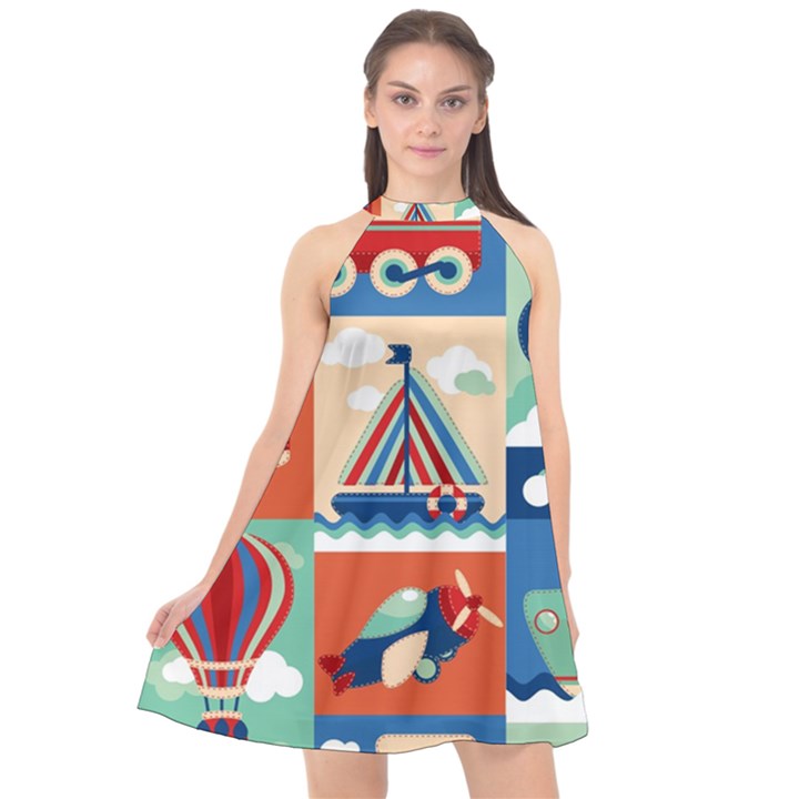 Toy-transport-cartoon-seamless-pattern-with-airplane-aerostat-sail-yacht-vector-illustration Halter Neckline Chiffon Dress 