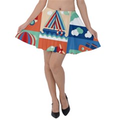 Toy-transport-cartoon-seamless-pattern-with-airplane-aerostat-sail-yacht-vector-illustration Velvet Skater Skirt by uniart180623