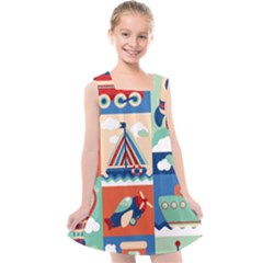 Toy-transport-cartoon-seamless-pattern-with-airplane-aerostat-sail-yacht-vector-illustration Kids  Cross Back Dress by uniart180623