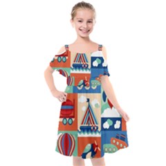 Toy-transport-cartoon-seamless-pattern-with-airplane-aerostat-sail-yacht-vector-illustration Kids  Cut Out Shoulders Chiffon Dress by uniart180623