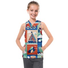 Toy-transport-cartoon-seamless-pattern-with-airplane-aerostat-sail-yacht-vector-illustration Kids  Sleeveless Hoodie by uniart180623