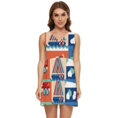 Toy-transport-cartoon-seamless-pattern-with-airplane-aerostat-sail-yacht-vector-illustration Tiered Sleeveless Mini Dress by uniart180623