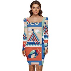 Toy-transport-cartoon-seamless-pattern-with-airplane-aerostat-sail-yacht-vector-illustration Women Long Sleeve Ruched Stretch Jersey Dress by uniart180623