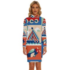 Toy-transport-cartoon-seamless-pattern-with-airplane-aerostat-sail-yacht-vector-illustration Long Sleeve Shirt Collar Bodycon Dress by uniart180623