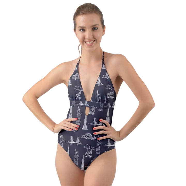 New York City Nyc Pattern Halter Cut-Out One Piece Swimsuit