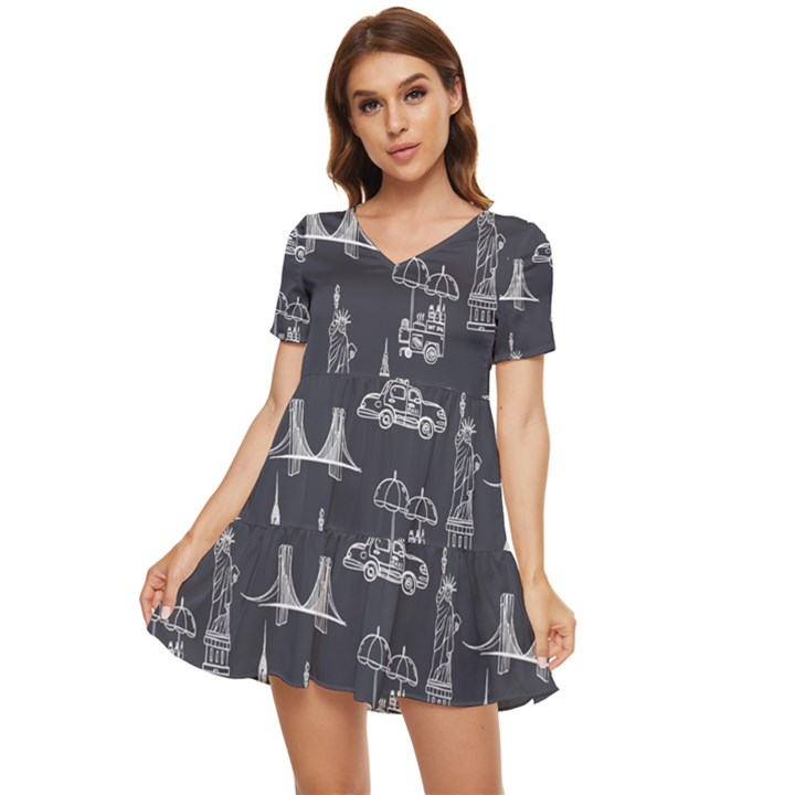 New York City Nyc Pattern Tiered Short Sleeve Babydoll Dress