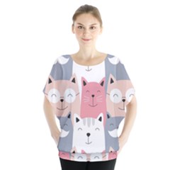 Cute Seamless Pattern With Cats Batwing Chiffon Blouse