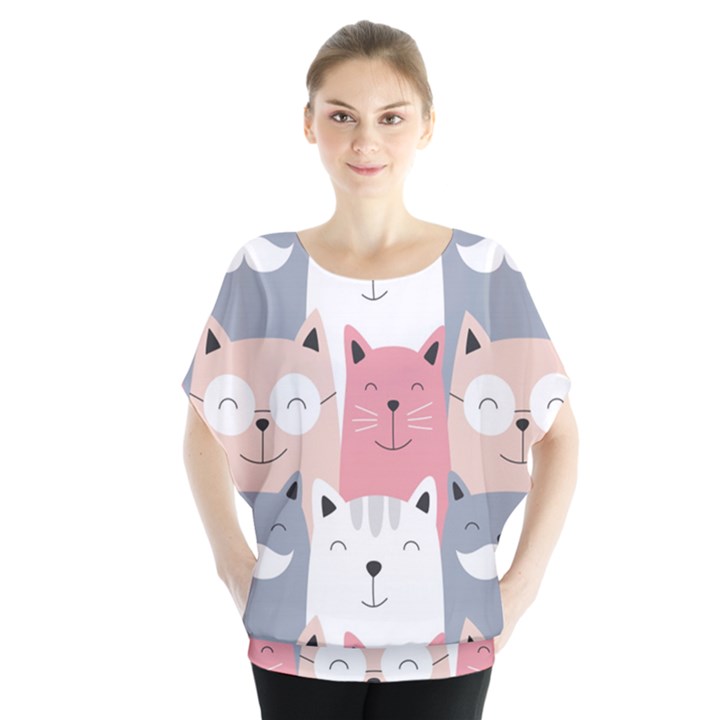 Cute Seamless Pattern With Cats Batwing Chiffon Blouse