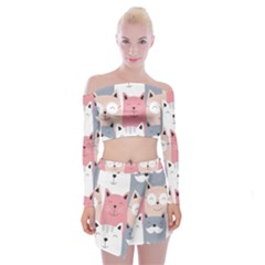 Cute Seamless Pattern With Cats Off Shoulder Top With Mini Skirt Set by uniart180623