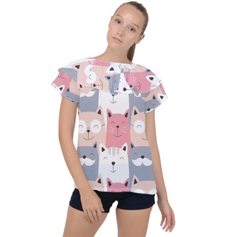 Cute Seamless Pattern With Cats Ruffle Collar Chiffon Blouse by uniart180623