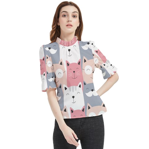 Cute Seamless Pattern With Cats Frill Neck Blouse by uniart180623